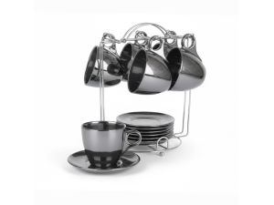 Jogo de Xícaras de Vidro Prata com Suporte 6 Xícaras + 6 Pires 85ml – JGXC117/PR Hauskraft 