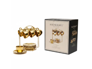 Jogo de Xícaras de Vidro Dourada com Suporte 6 Xícaras + 6 Pires 85ml – JGXC117/DO Hauskraft 