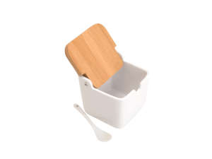 Saleiro de mesa branco com colher e tampa de bambu - 11x11cm - lyor - 5775