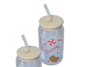 Copo c/canudo em vidro e bambu de natal 500ml temático de docinhos