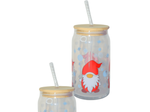 Copo c/canudo em vidro e bambu de natal 500ml temático papai noel